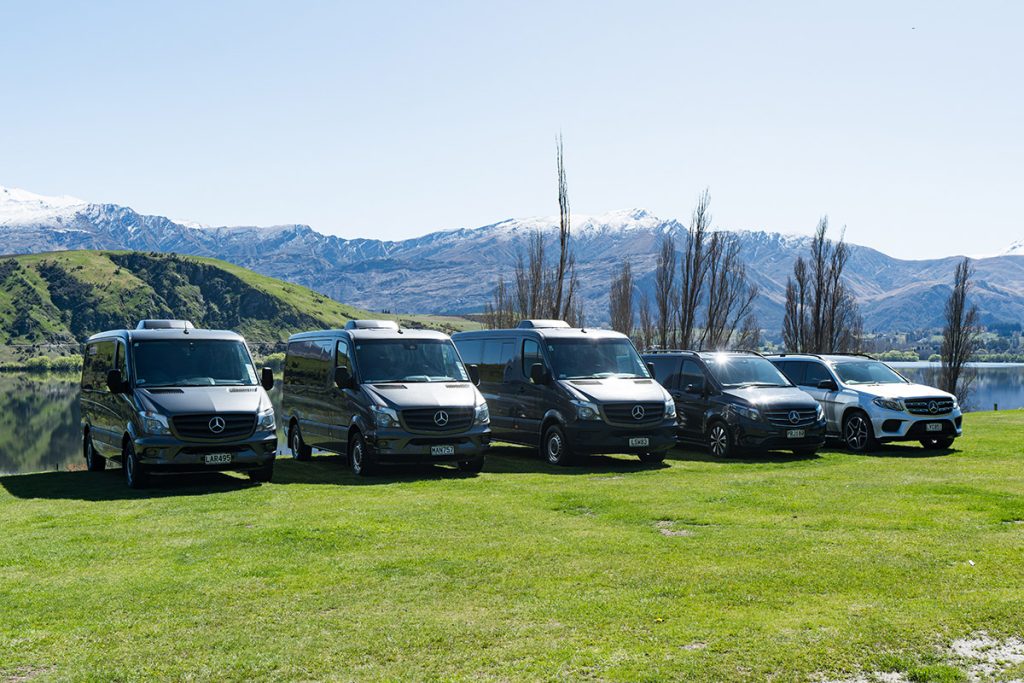 Alpine Luxury Tours fleet of mercedes vehicles in queenstown
